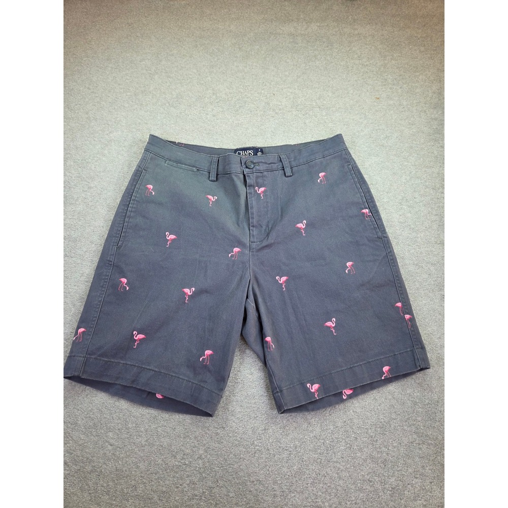 Chaps Mens Size 34 Gray Pink Flamingo Embroidered Stretch Resort Golf Shorts
